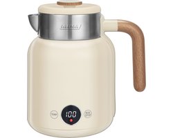 MPM Dubbelwandige Waterkoker 1.5 Liter Retro Woodlook met Temperatuur Instellingen - 2200W - Digitaal Display - RVS - Crème / Beige