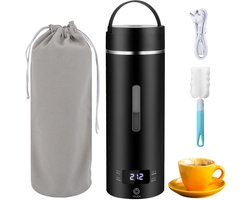 Portable Waterkoker - Kleine Draagbare Wwaterkoker - Roestvrij Staal van Klasse 316 - 500 ml - Geïntegreerde Opbergtas en Bekerborstel - Elektrische Mini-heetwaterdispenser - Zwart