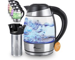 TRESKO® glazen waterkoker 1,8 L roestvrij staal met theezeef en kalkfilter | ledverlichting aan de binnenkant | 2200 W | met temperatuurinstelling | warmhoudfunctie