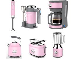 Westinghouse Retro 6-delige Set – Handmixer + Staafmixer + Blender 1,5L + Waterkoker 1,7L + Broodrooster 2 Sneden + Filter Koffiezetapparaat – Roze
