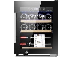 BODEGA43-12C - Design klein wijnkoelkast met compressor - 12 flessen - 3 houten lades - Vrijstaand wijnklimaatkast - Zwart