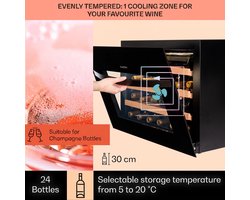 Klarstein Wijnkoeler Inbouw , 1-zone Kleine Drankenkoeler, Kleine Wijnkast 51L, Kleine Wijnkoeler met Glazen Deur, Binnen/Buiten Flessenkoeler, Wijnkoelkast voor 24 Flessen,75L 55 cm - Houten Schappen - Wijnklimaatkast - Wine Cooler