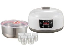 Adjustable temperature yogurt maker with timer and five glass jars, designed for healthy probiotic yogurt and fermented foods with transparent observation lid (European