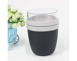 Lunchbeker - Havermoutpot - Reisbeker - Bewaarbeker - Yoghurt- en granolascheider - 500 + 200 ml - Lunchportie - Individuele compartimenten - Vriezer- en vaatwasserbestendig - Zwart