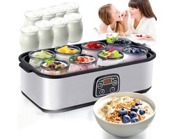 Yoghurtmaker - met instelbare temperatuur- en tijdregeling - 8 glazen potjes (180 ml per stuk) - LCD-display - constante temperatuurregeling - roestvrijstalen design
