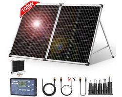 Serolux® - Compleet 100W Opvouwbare Zonnepaneel set - Monokristallijn Zonnepaneel - 12V - daglichtpaneel - Met Omvormer - Met 3 Meter Kabel - Met stand - Tas - 90,5 x 63,5 x 2,5 cm - Zwilver