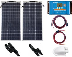 Set Flexibel Zonnepaneel 200Wp 12V Caravan, Camper, Boot, Tent of Tuinhuisje - Victron Energy BlueSolar PWM 20A LCD&USB laadregelaar - Zonnepaneel Compleet Pakket - Plug-Play set schematische tekening en handleiding-Monokristallijn