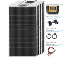 Zonnepaneel - Zonnepaneelset - Zonnepaneelkit - Flexibel - Fotovoltaïsch - Set van 5 - Zonnepaneel - met Controller - PV-connector - Krokodillenklem - 2-in-1-Adapter - voor Camperaccu - Thuislader - Camping - Noodsituatie - 600W - Zwart
