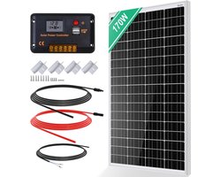 Zonnepanelen met Stekker - Zonnepaneel-Oplader - Zonnepaneel - 170W - Inc. 12V Zonnepaneel - 30A Zonne-Laadregelaar - 5m Zonnekabel - Z-Bevestigingsklemmen - voor Camping - Caravan - Huishouden - Off-grid-systeem - Noodsituatie