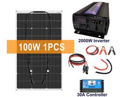 Zonnepanelen - Monokristallijne Zonnepaneel Kit - Flexibel - Zonne Energie - 100W - met Omvormer - Waterdichte - voor Camping, RV & Thuisgebruik, 12V Opladen met Batterij