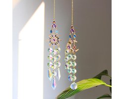 Zonnevanger, 2 stuks, hangend ornament, regenboogkristal, zonnevanger voor huis, slaapkamer, balkon, tuin, kantoor (sterren, maan)