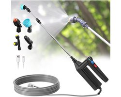 Elektrische sproeier - 3 snelheidsstanden - Krachtige 7,4V tuinsproeier - Met 4 sproeikoppen - Werkt op accu - Inclusief 8 meter slang en telescopische steel - Sproeier - Geschikt voor reiniging en besproeiing