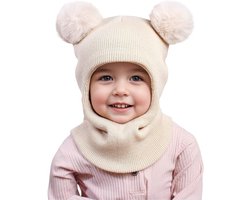2-in-1 baby muts - Muts en Sjaal Set - winter capuchonsjaal - winddichte Kindermuts - koudebescherming - winter Muts voor Kind & Baby - Beanie Kind - Winter gebreide mutsen - Warme en winddichte gebreide mutsen - 1-6 jaar oud - Wit