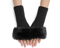 2 paar zwarte harige handschoenen vingerloze winter gehaakte duimgat handschoenen zachte pluizige gebreide armwarmers mouwen nepbont pols wanten voor vrouwen schrijven schilderen sms'en