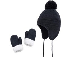 2 stuks kindermuts - Muts met oorkleppen - Warme handschoenen - Muts en handschoenenset - Winterbenodigdheden - Unisex - Marineblauw - Maat S - Geschikt voor peuters en kleuters van 1-3 jaar