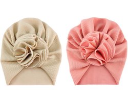 2 Stuks Tulband Babymutsjes met Bloem – Roze & Crème – Baby Hoofd Warm Houden – Geschikt voor 3-15 Maanden – Polyester