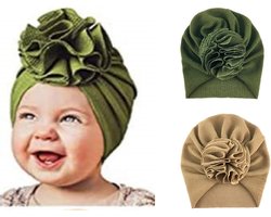 2x Babymutsjes Tulband Meisje – Groen & Taupe – 3-15 Maanden – Babymuts met Bloem – Warm & Schattig Baby Accessoire