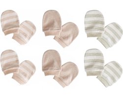 3 Paar (6 Stuks) Baby Krabwantjes – 2 tot 6 Maanden – Beige Effen & Gestreept Lichtgroen – Zachte Katoenen Mittens voor Pasgeborenen