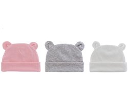 3 Pack Babymutsjes Newborn - Beer Vorm - Roze, Wit en Grijs - Schattige Beren Oortjes