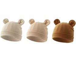 3 pack Babymutsjes Newborn Beervorm Effen Beige, Bruin, Taupe/ Warmgrijs
