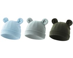 3-Pack Babymutsjes Newborn – Beervorm – Effen Groen & Blauw