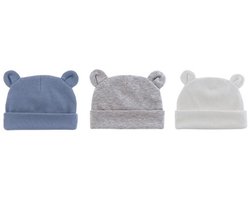 3 pack Babymutsjes newborn BEERVORM navy wit grijs - beren oortjes