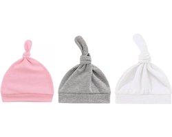 3-Pack Newborn Babymutsjes met Knoop – Effen Roze – Zachte Katoenen Mutsjes voor Pasgeboren Baby’s