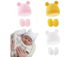 3 sets - Pasgeboren muts en handschoenen - Babymuts - Krasbestendige handschoenen voor baby's - Pasgeboren muts - Zacht en comfortabel - Roze, geel, wit - One Size Fits All - Geschikt voor zowel jongens als meisjes