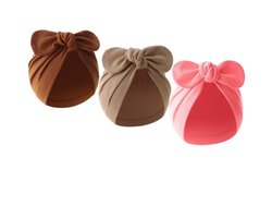 3 Stuks - Babymutsjes met Strik - 2-4 maanden - Bruin Beige Roze