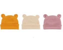 3 Stuks Babymutsjes Newborn – Beervorm met Oortjes – Geel Crème Oudroze – Zachte Katoenen Mutsjes voor Pasgeborenen