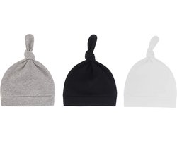 3 Stuks Newborn Babymutsjes met Knoop – Zwart, Grijs & Wit