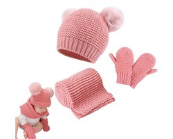 3 stuks - winter gebreide mutsen handschoenen sjaal set - voor baby peuter warme gebreide muts、nekwarmer、handschoenen - voor meisjes - roze
