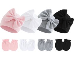 4 sets pasgeboren mutsjes en handschoenen - babymeisjesmutsjes - geschikt voor alle seizoenen - gemaakt van puur katoen -Stijl 1