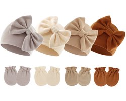 4 sets pasgeboren mutsjes en handschoenen - babymeisjesmutsjes - geschikt voor alle seizoenen - gemaakt van puur katoen -Stijl 2