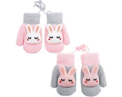 Allecta - 2 paar warme gebreide kinderhandschoenen met pluche voering, touwtjes en thermische eigenschappen, geschikt voor pasgeborenen, meisjes en jongens - Maat XXS-L