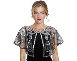 Allecta - Feestelijke cape met pailletten - Sjaal stola voor avondjurk - Zwart en zilver - One size
