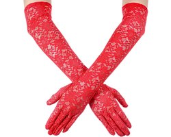 Allecta - Lange kanten handschoenen voor dames, bruiloft, ellebooglengte, rood.