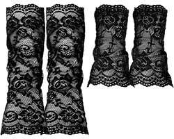 Allecta - Vingerloze kanten handschoenen zwart voor dames, 2 paar elegante bruidshandschoenen met bloemen, korte en lange ellebooghandschoenen.