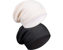 Allecta - Winter mutsen voor heren - Stretch jersey slouch beanie - Buffer muts - Katoen - Hip hop - Nachtmut - Sport - Slaap - Chemotherapie - Zwart Wit - One Size - 2 stuks