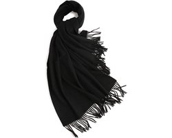 Allecto plus - Grote warme kasjmier sjaal voor dames en heren - Winter sjaal met franjes - Zwart - 200x70cm