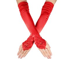Allecto plus - Lange Kanten Handschoenen - Vingerloze Elleboog Lengte Satijnen Bruidshandschoenen - Rood - voor Bruiloft, Theekransje, Maskerade