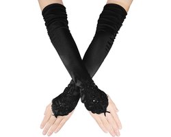Allecto Plus - Lange Kanten Handschoenen voor Bruiloft en Maskerade, Vingerloos, Ellebooglengte, Satijn, Zwart - Ideaal voor Theekransje - 90 characters