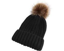 Allecto plus - Zwarte bontbol-gebreide muts voor dames - Wintermuts - Afneembare pluche bol - Outdoorsport