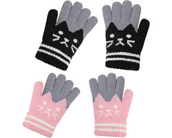 Allecto Premium - Gebreide Winterhandschoenen voor Kinderen, Zwart en Roze, Kat Motief, Volledige Vinger, Warm en Stretchy, Jongens en Meisjes, 3-9 Jaar.