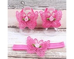 Baby Haarbandje + Voetbandjes Vlinder - Donker Roze