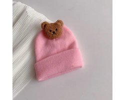Baby Muts 0-12 Maanden - Roze Met Beer - Wintermuts Baby - Kraamcadeau