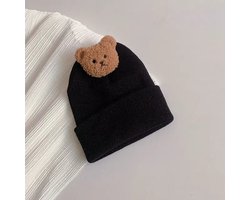 Baby Muts 0-12 Maanden - Zwart Met Beer - Wintermuts Baby - Kraamcadeau