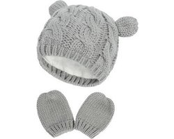 Baby Muts en Wanten - Grijs - Beertje - Kinder Muts met Katoenen Voering - 3-6 maanden (Maat M) - Kindermuts - Wanten - Winter