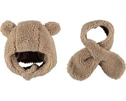 Baby Teddy muts en sjaal – lichtbruin beige – winterset met warme voering – 9-18 maanden