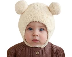 Baby Winter Muts (Hoofdomtrek: 44-48 cm) - Pluche Beeroortjes - Knop Sluiting met Oorlapjes - Beige - Voor 3-24 Maanden Peuters